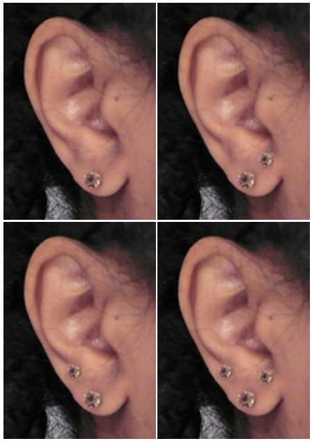 Current piercing, upper forward and current, upper back and current, both forward and back plus current.