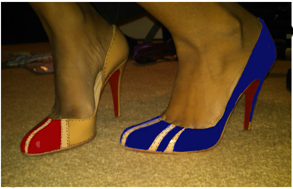 Red with light stripe on left, blue with light stripes on right