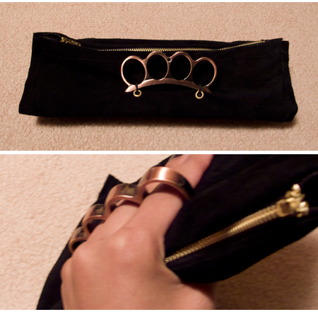 Brass knuckle black suede clutch purse, diy