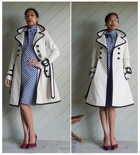 Kate Spade black edged cream trench, blue with white flower polka dots pussy bow dress, maroon pumps, pink gloves